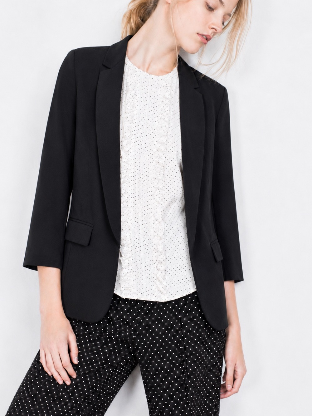 Zara Black Open Front Crepe Blazer Cropped Sleeve Jacket Small